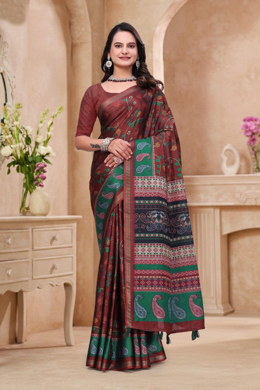 Elegant Maroon Floral Printed Mal Cotton Saree with Green Paisley Border