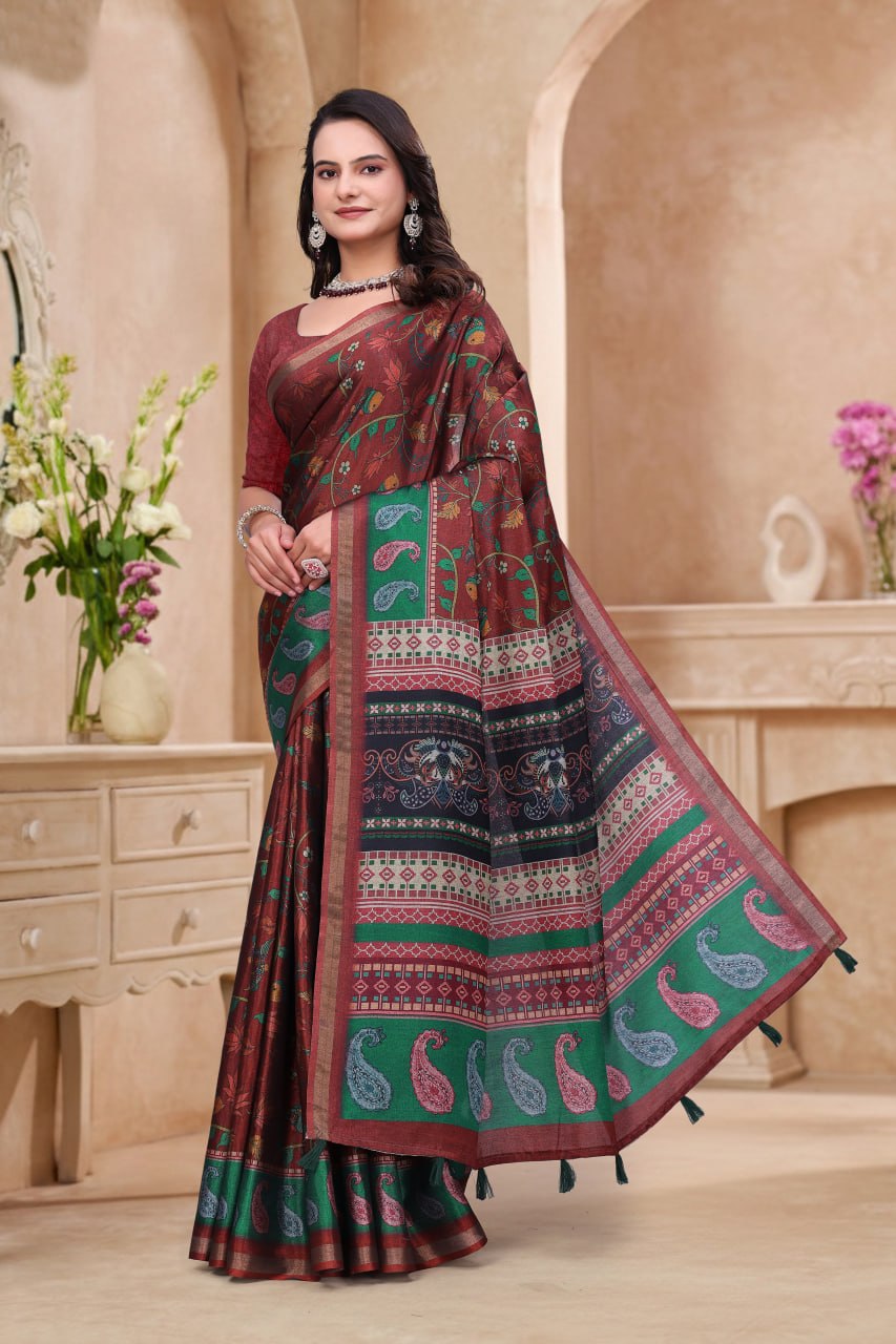 Elegant Maroon Floral Printed Mal Cotton Saree with Green Paisley Border