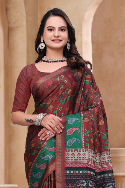 Elegant Maroon Floral Printed Mal Cotton Saree with Green Paisley Border