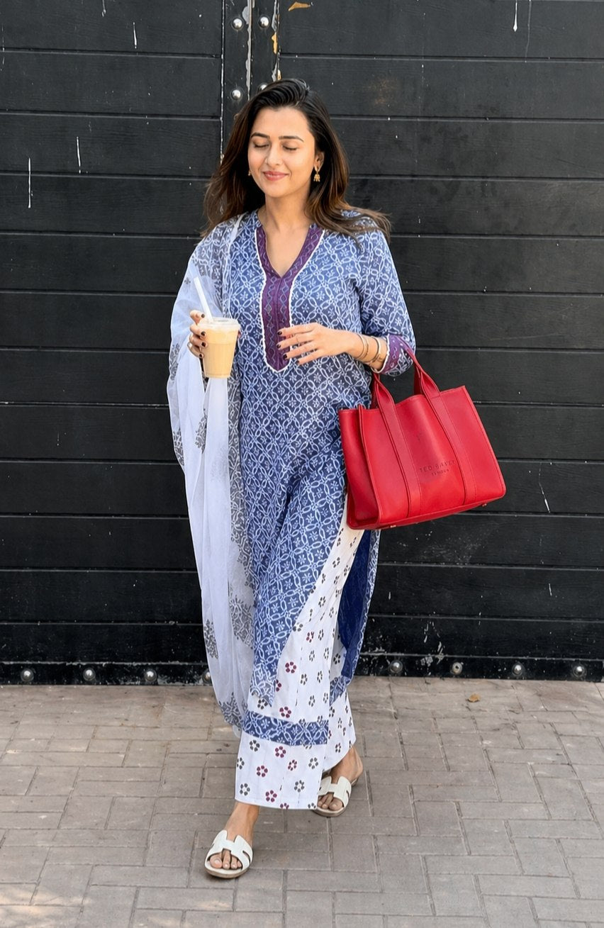 Elegant Sky Blue Cotton Printed Kurta Pant Set with Soft Mulmul Dupatta