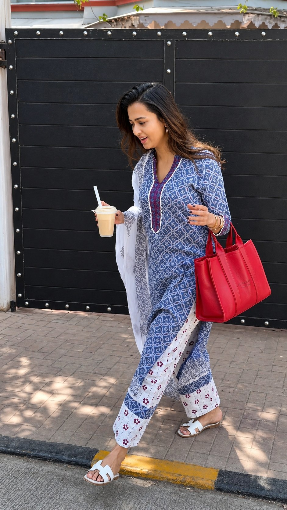 Elegant Sky Blue Cotton Printed Kurta Pant Set with Soft Mulmul Dupatta