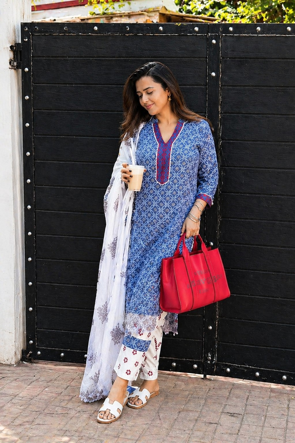 Elegant Sky Blue Cotton Printed Kurta Pant Set with Soft Mulmul Dupatta