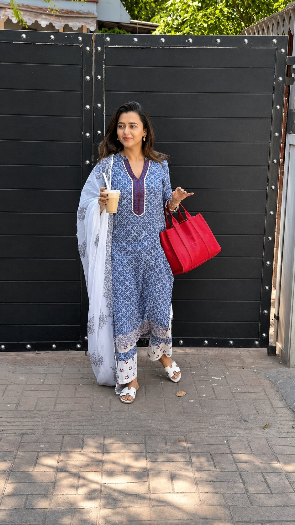 Elegant Sky Blue Cotton Printed Kurta Pant Set with Soft Mulmul Dupatta