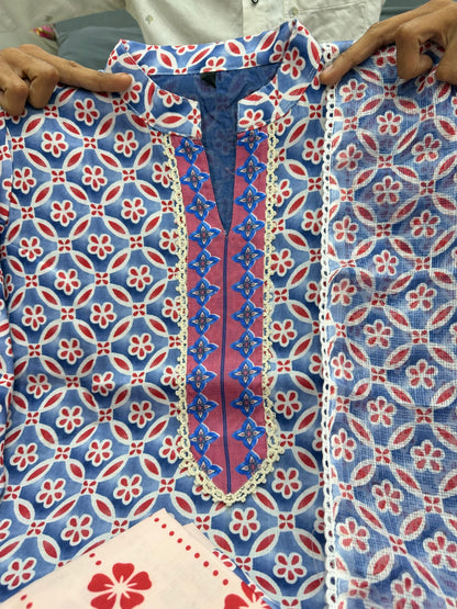 Elegant Sky Blue Cotton Printed Kurta Pant Set with Soft Mulmul Dupatta
