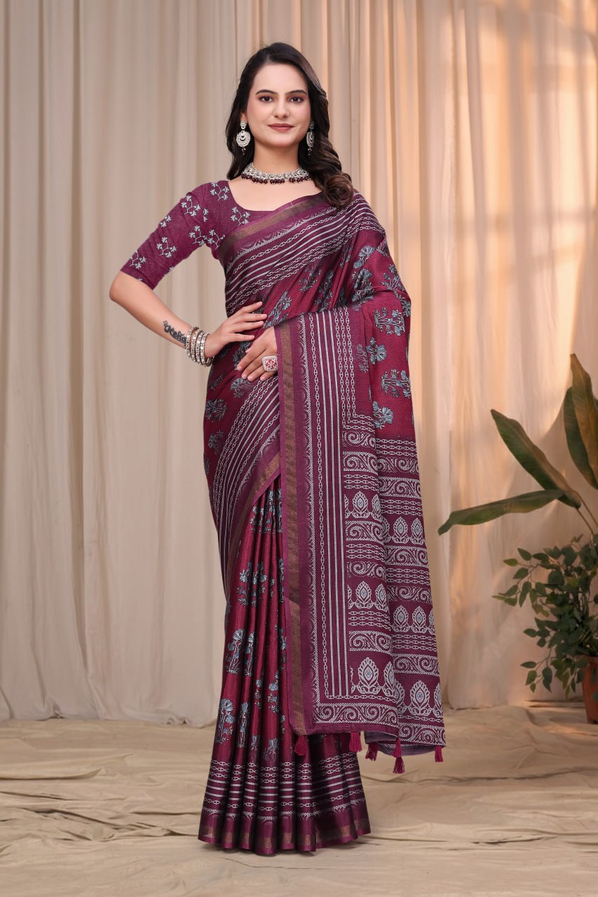 Elegant Wine Purple Mal Cotton Saree with Traditional Printed Border