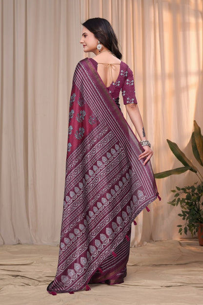 Elegant Wine Purple Mal Cotton Saree with Traditional Printed Border