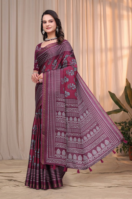Elegant Wine Purple Mal Cotton Saree with Traditional Printed Border