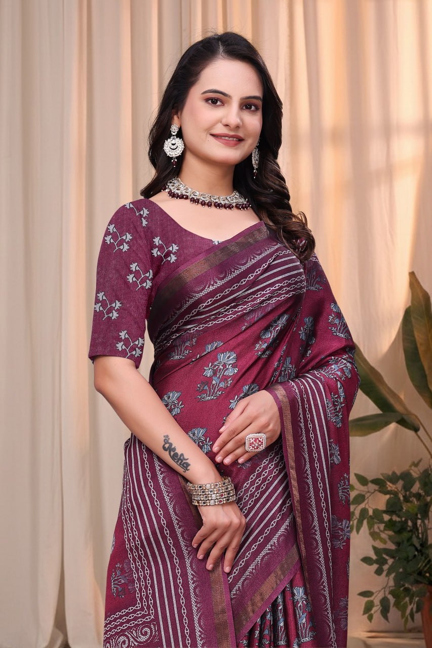 Elegant Wine Purple Mal Cotton Saree with Traditional Printed Border