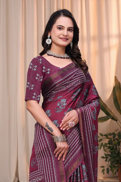 Elegant Wine Purple Mal Cotton Saree with Traditional Printed Border