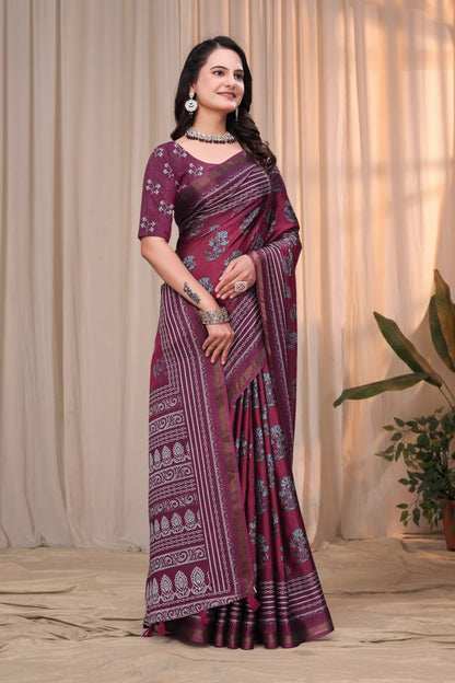 Elegant Wine Purple Mal Cotton Saree with Traditional Printed Border