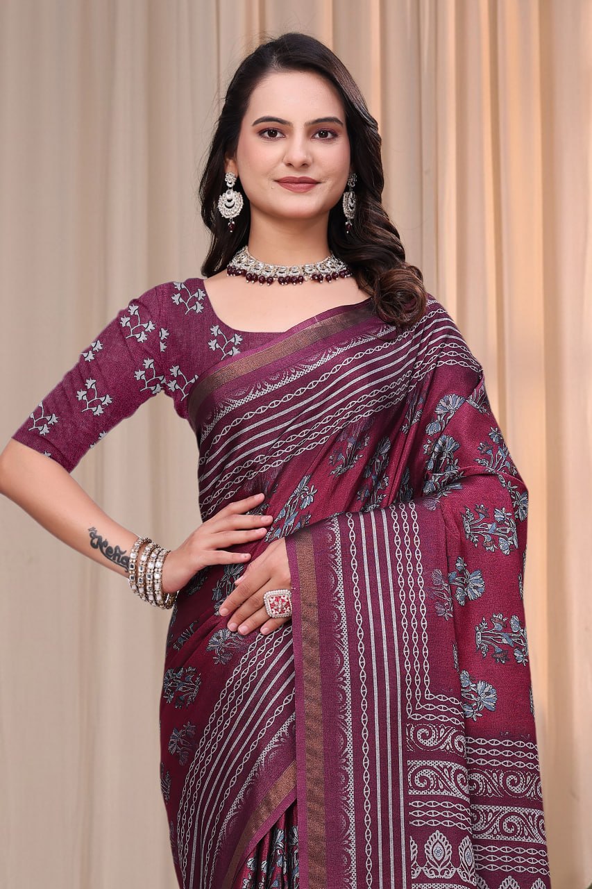 Elegant Wine Purple Mal Cotton Saree with Traditional Printed Border
