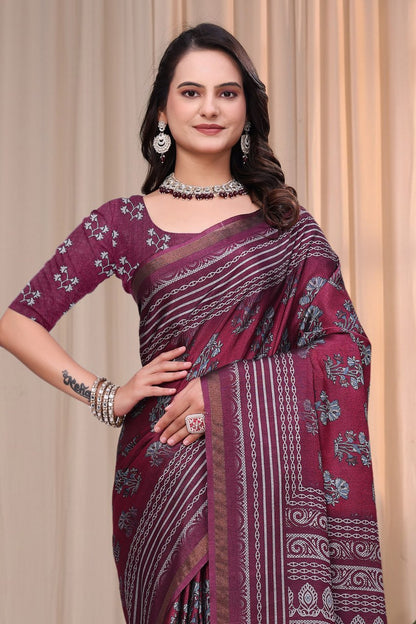 Elegant Wine Purple Mal Cotton Saree with Traditional Printed Border