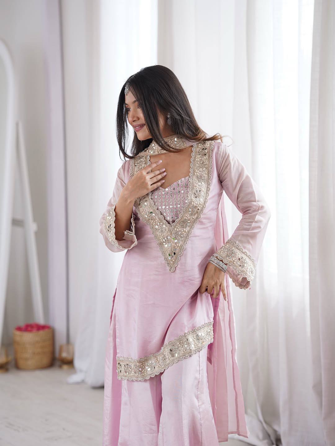 Amazing Heavy Frendy Silk V-Neck Heavily Embroidered Sharara Suit Set