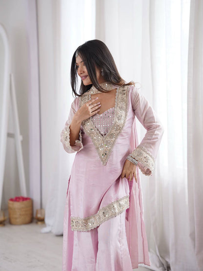 Amazing Heavy Frendy Silk V-Neck Heavily Embroidered Sharara Suit Set