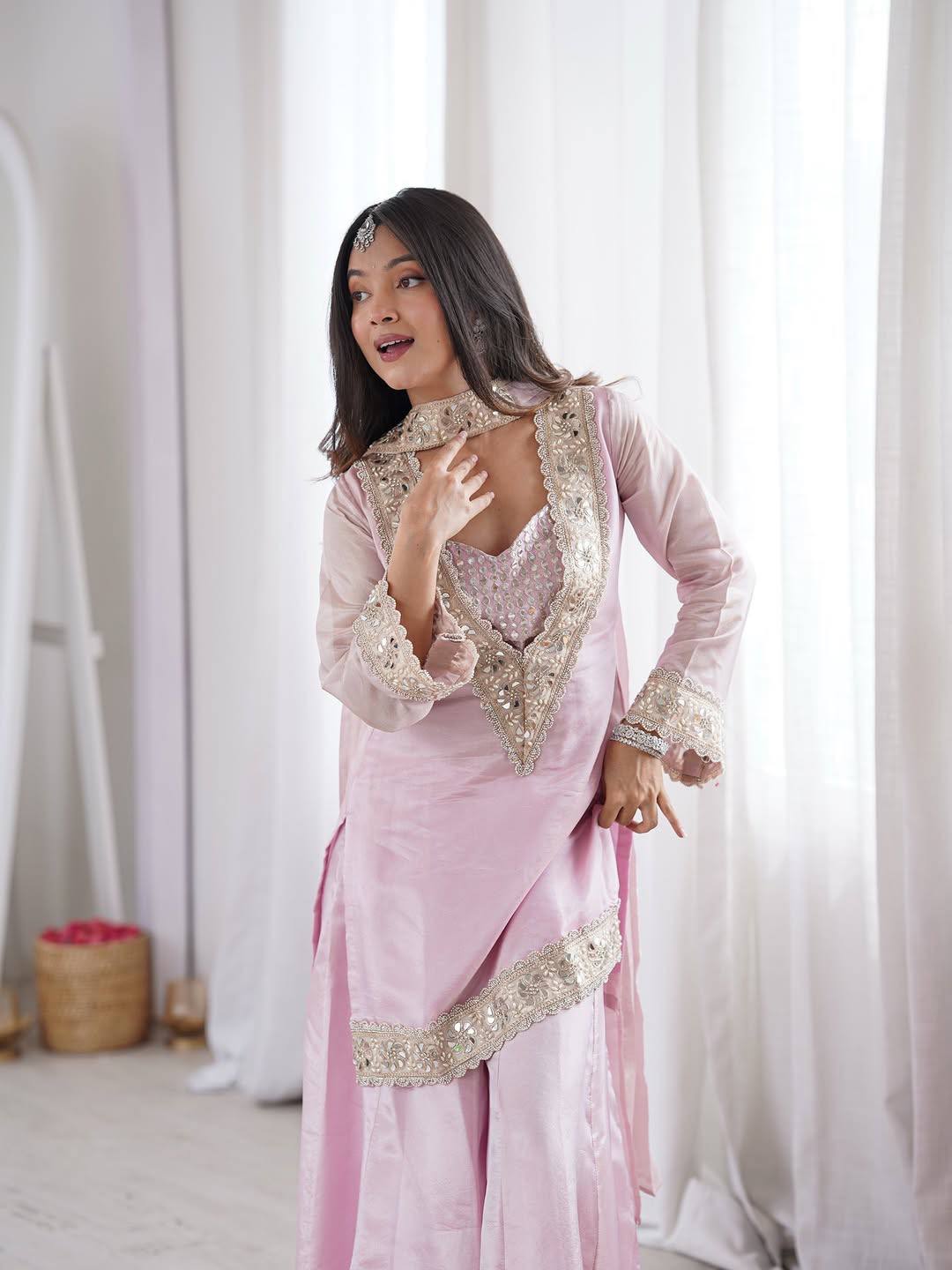 Amazing Heavy Frendy Silk V-Neck Heavily Embroidered Sharara Suit Set