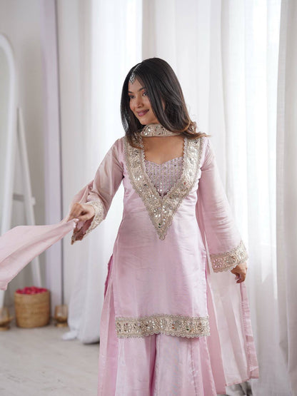 Amazing Heavy Frendy Silk V-Neck Heavily Embroidered Sharara Suit Set