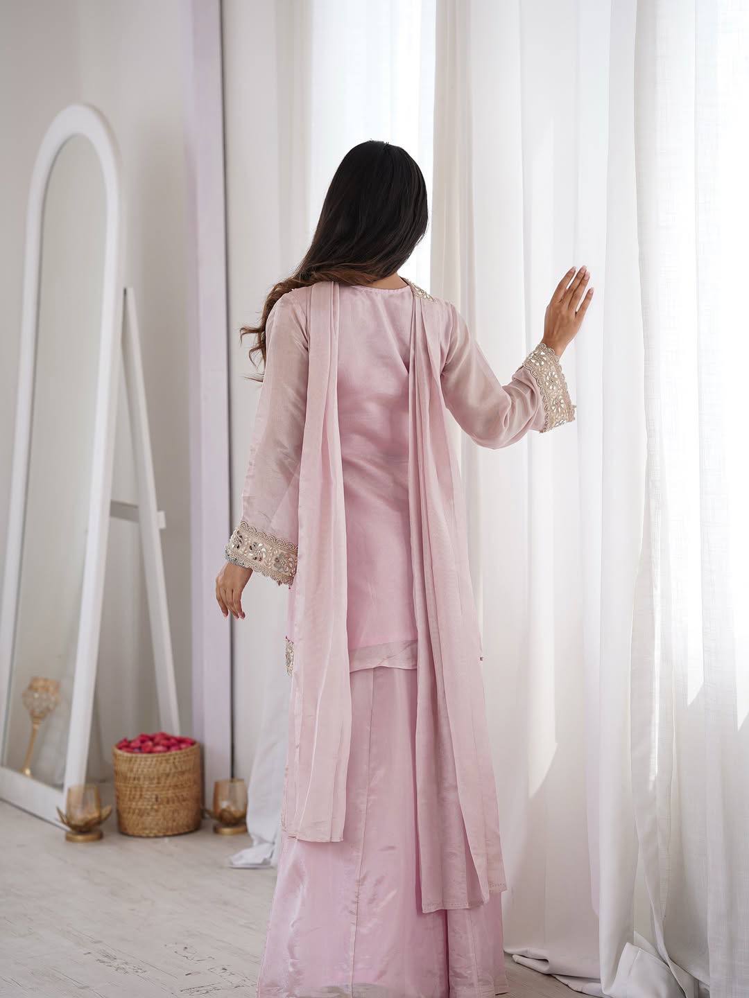 Amazing Heavy Frendy Silk V-Neck Heavily Embroidered Sharara Suit Set