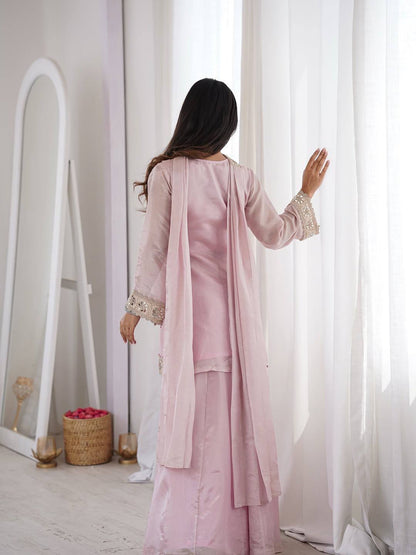 Amazing Heavy Frendy Silk V-Neck Heavily Embroidered Sharara Suit Set