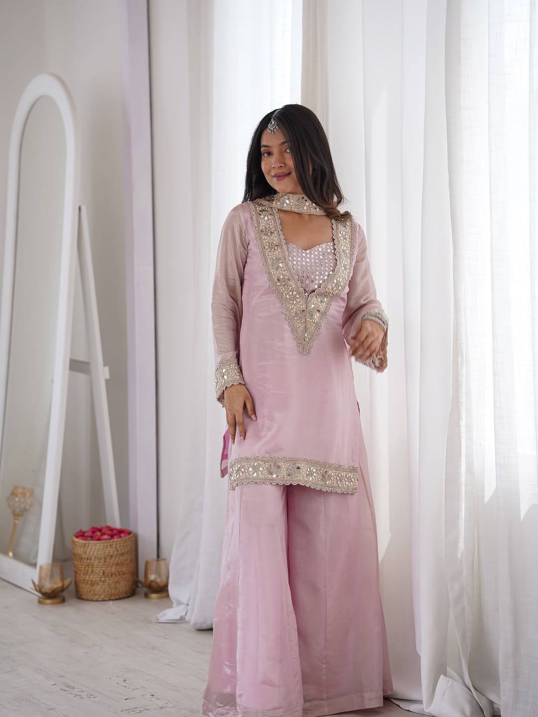 Amazing Heavy Frendy Silk V-Neck Heavily Embroidered Sharara Suit Set