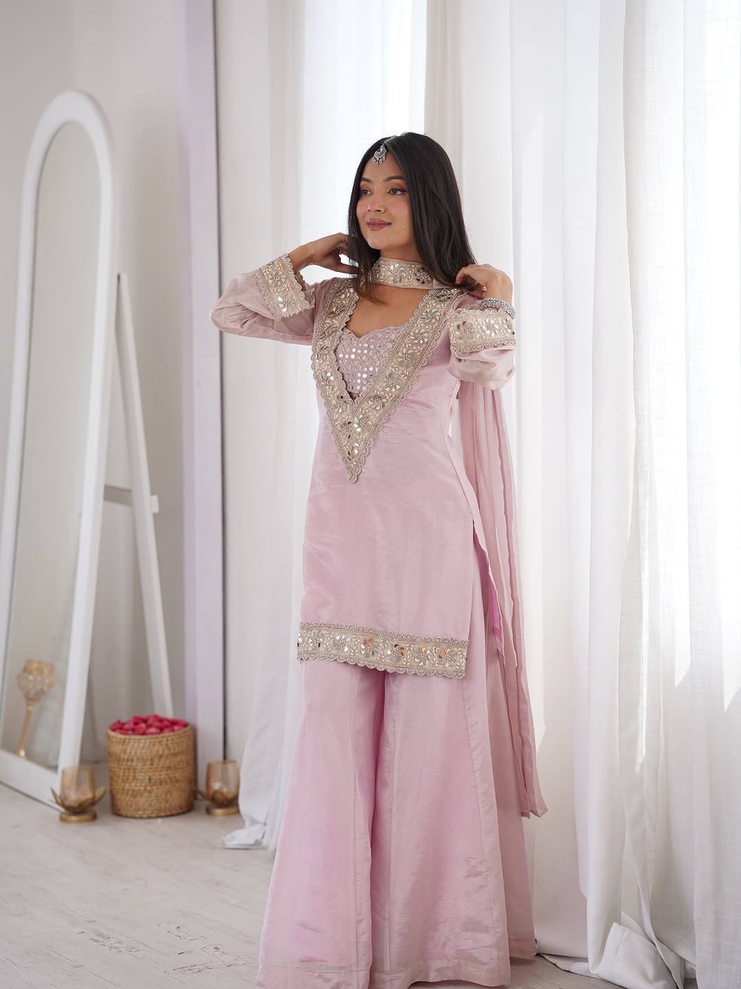 Amazing Heavy Frendy Silk V-Neck Heavily Embroidered Sharara Suit Set