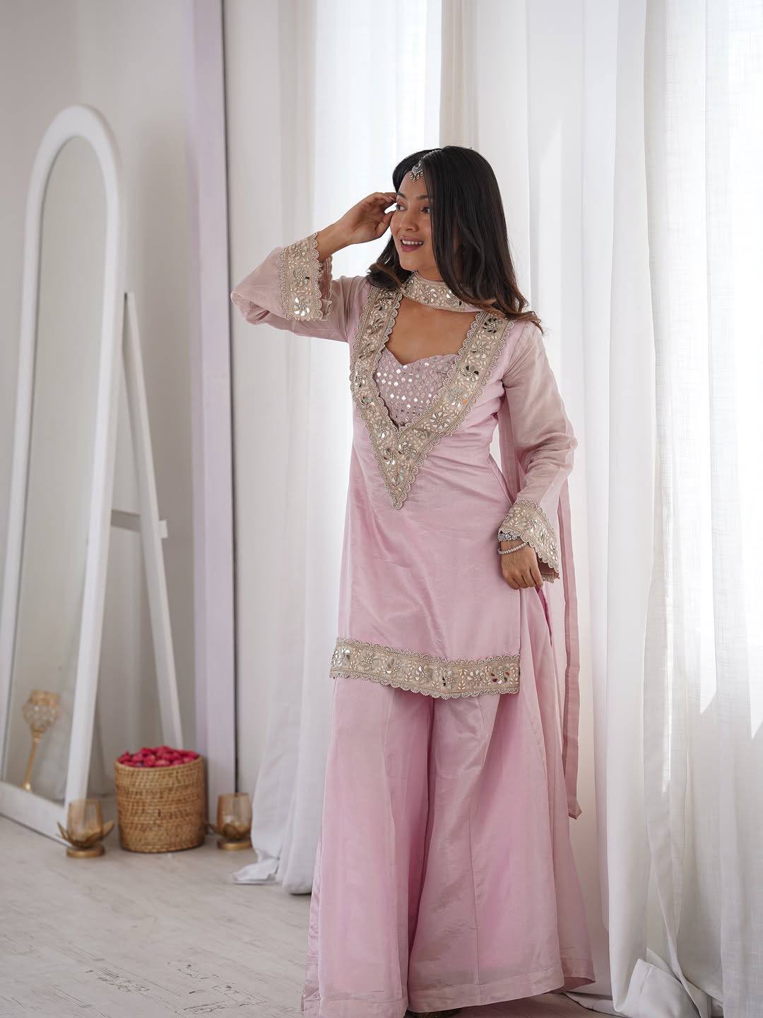 Amazing Heavy Frendy Silk V-Neck Heavily Embroidered Sharara Suit Set