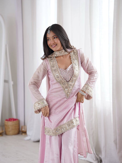 Amazing Heavy Frendy Silk V-Neck Heavily Embroidered Sharara Suit Set