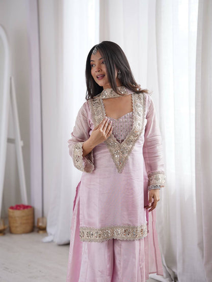 Amazing Heavy Frendy Silk V-Neck Heavily Embroidered Sharara Suit Set