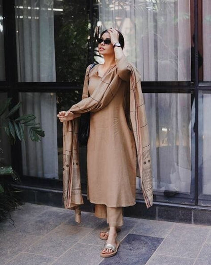 Soft Ease Beige Printed Suit Set