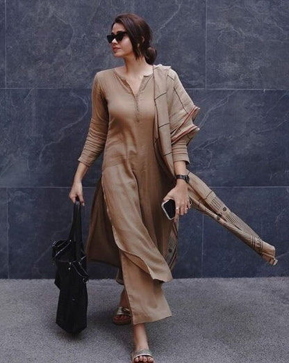 Soft Ease Beige Printed Suit Set