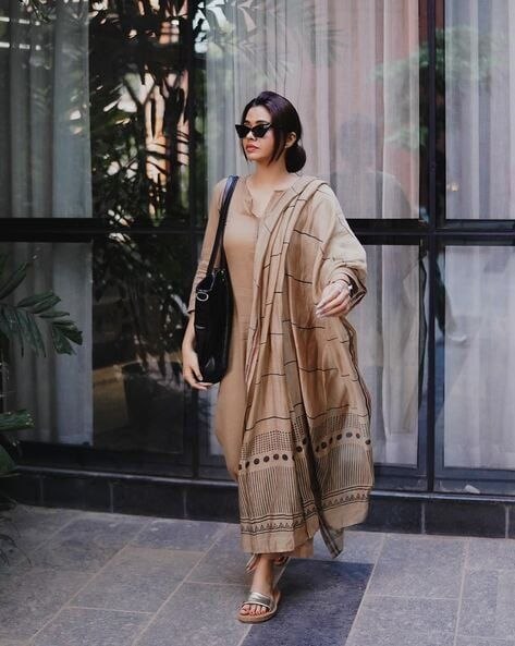 Soft Ease Beige Printed Suit Set