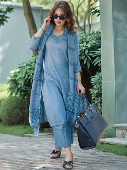 Sky Blue Cotton Straight Kurta Pant Set