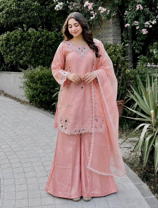 Peach Bloom Embroidered Sharara Set
