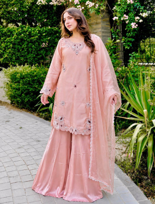 Peach Bloom Embroidered Sharara Set