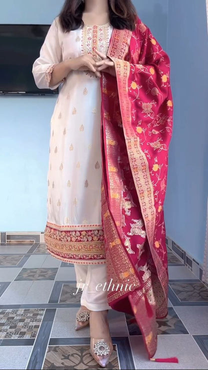 Regal White Pure Banarasi Silk Kurta Pant Set with Designer Banarasi Silk Dupatta