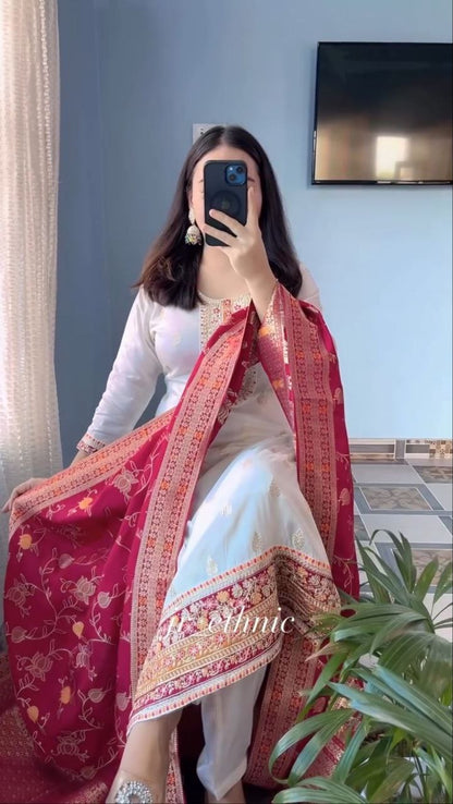 Regal White Pure Banarasi Silk Kurta Pant Set with Designer Banarasi Silk Dupatta