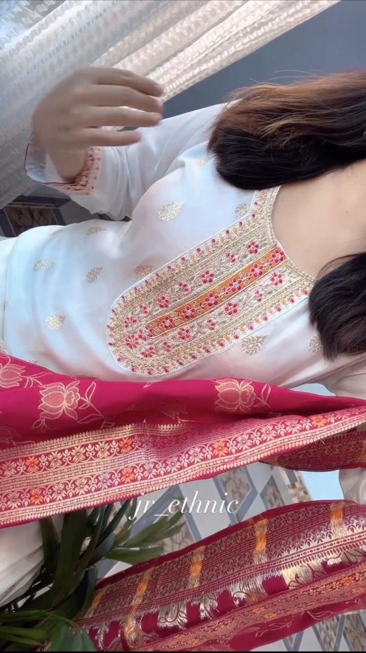 Regal White Pure Banarasi Silk Kurta Pant Set with Designer Banarasi Silk Dupatta