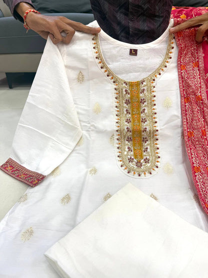 Regal White Pure Banarasi Silk Kurta Pant Set with Designer Banarasi Silk Dupatta
