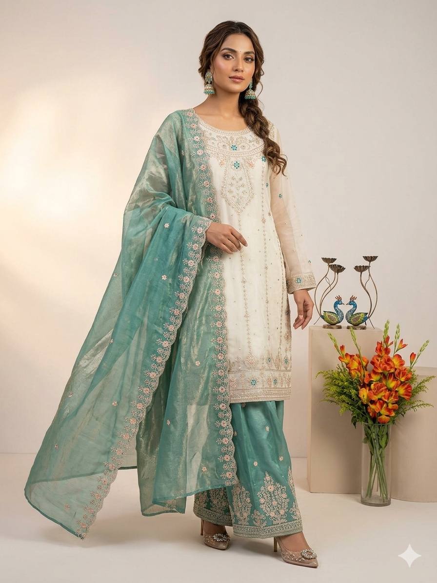 Elegent Heavy Frendy Silk Embroidered Sharara 3-Piece Suit Set