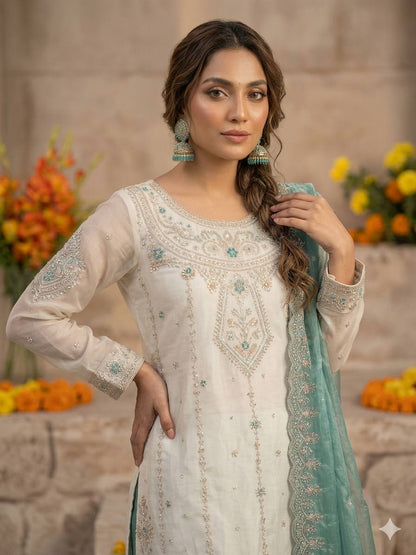 Elegent Heavy Frendy Silk Embroidered Sharara 3-Piece Suit Set