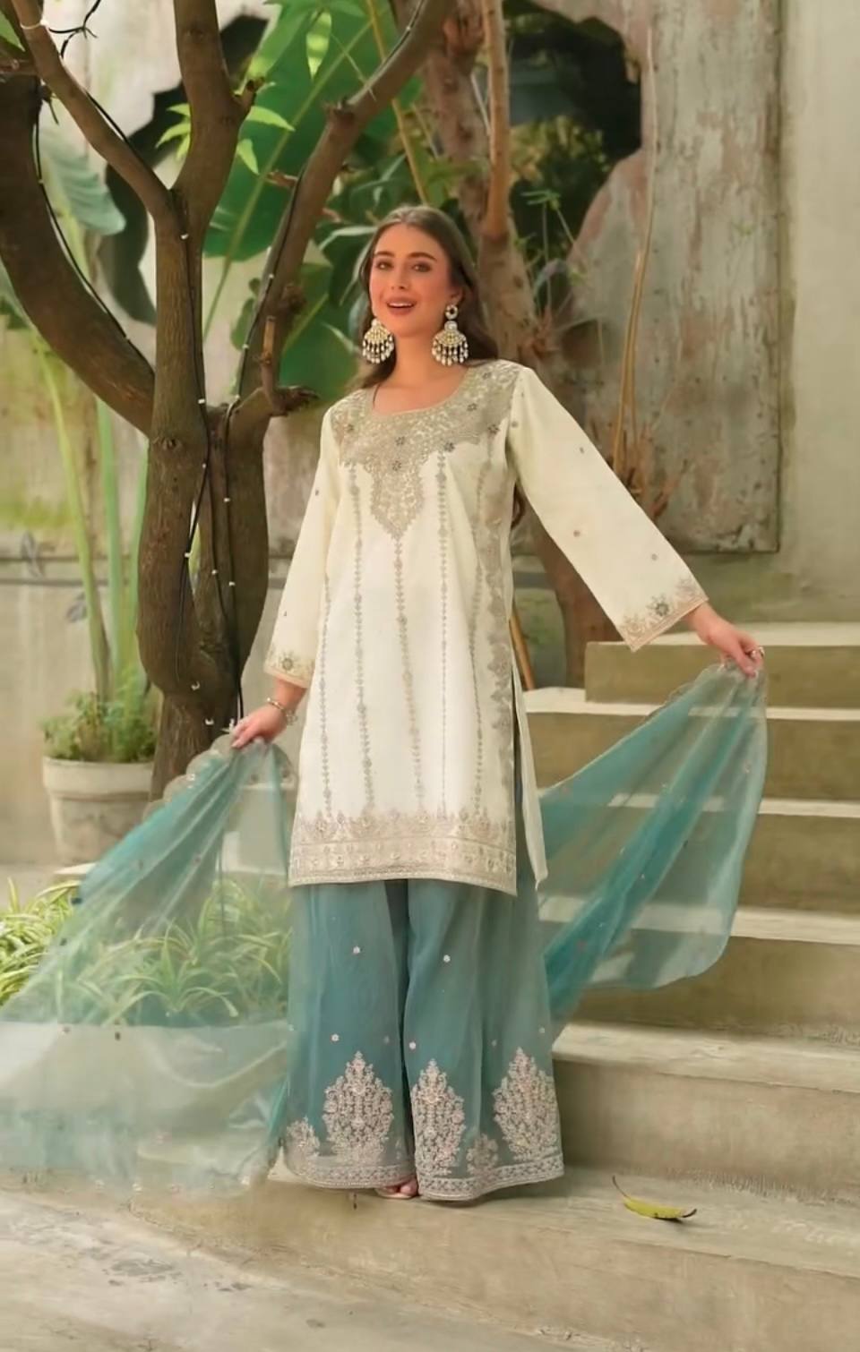 Elegent Heavy Frendy Silk Embroidered Sharara 3-Piece Suit Set