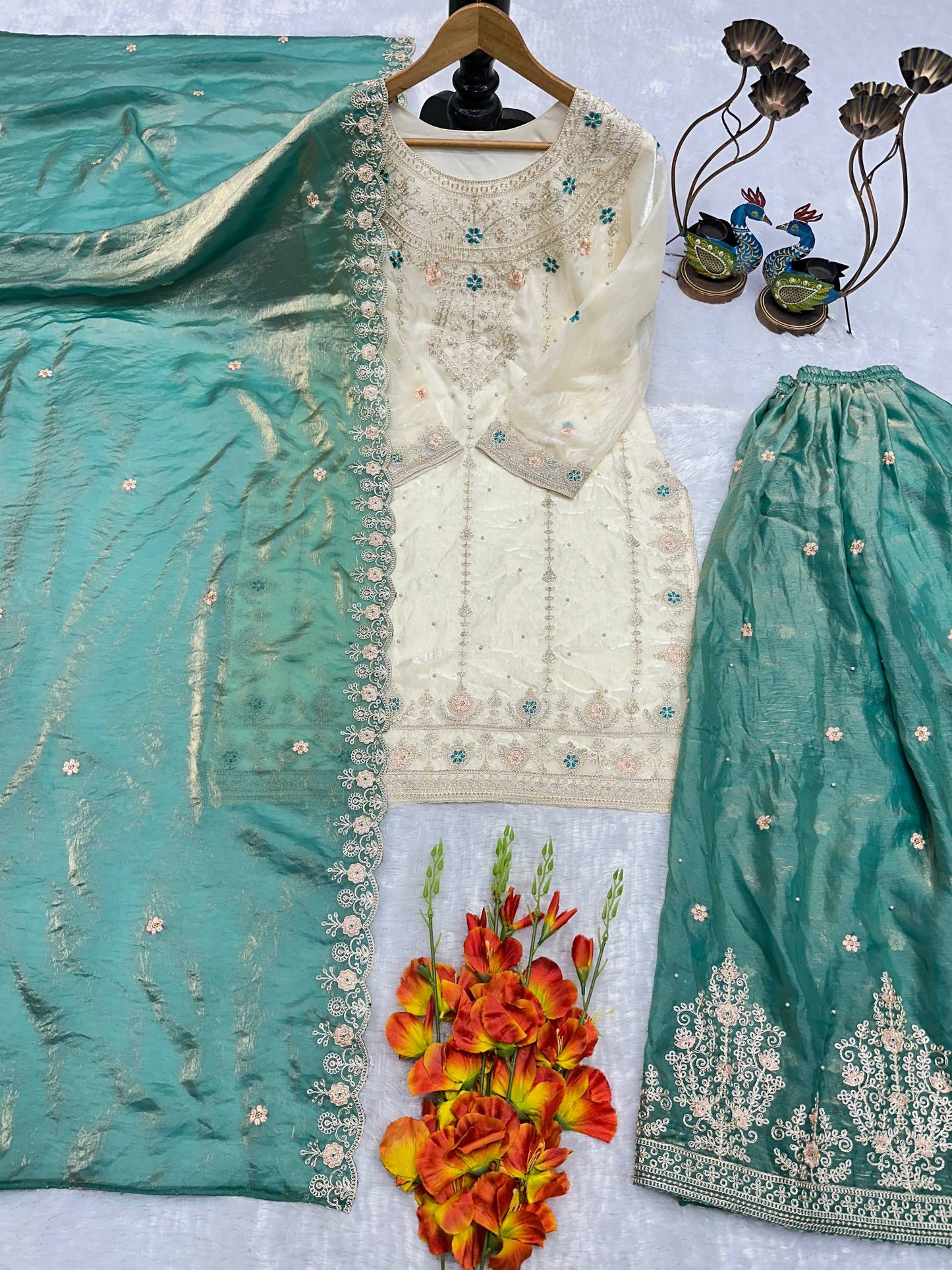 Elegent Heavy Frendy Silk Embroidered Sharara 3-Piece Suit Set