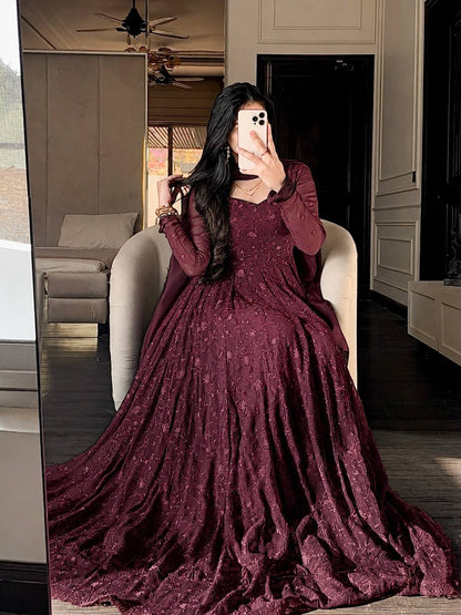 Royal Wine Floral Embroidered Anarkali Gown with Dupatta