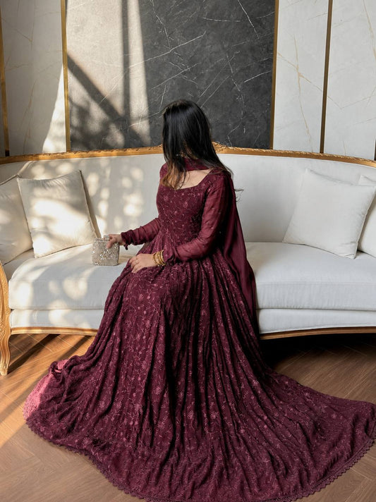 Royal Wine Floral Embroidered Anarkali Gown with Dupatta