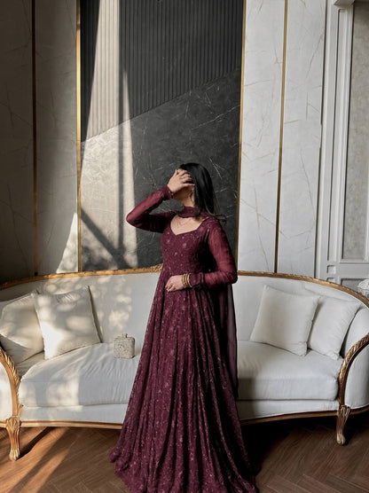 Royal Wine Floral Embroidered Anarkali Gown with Dupatta
