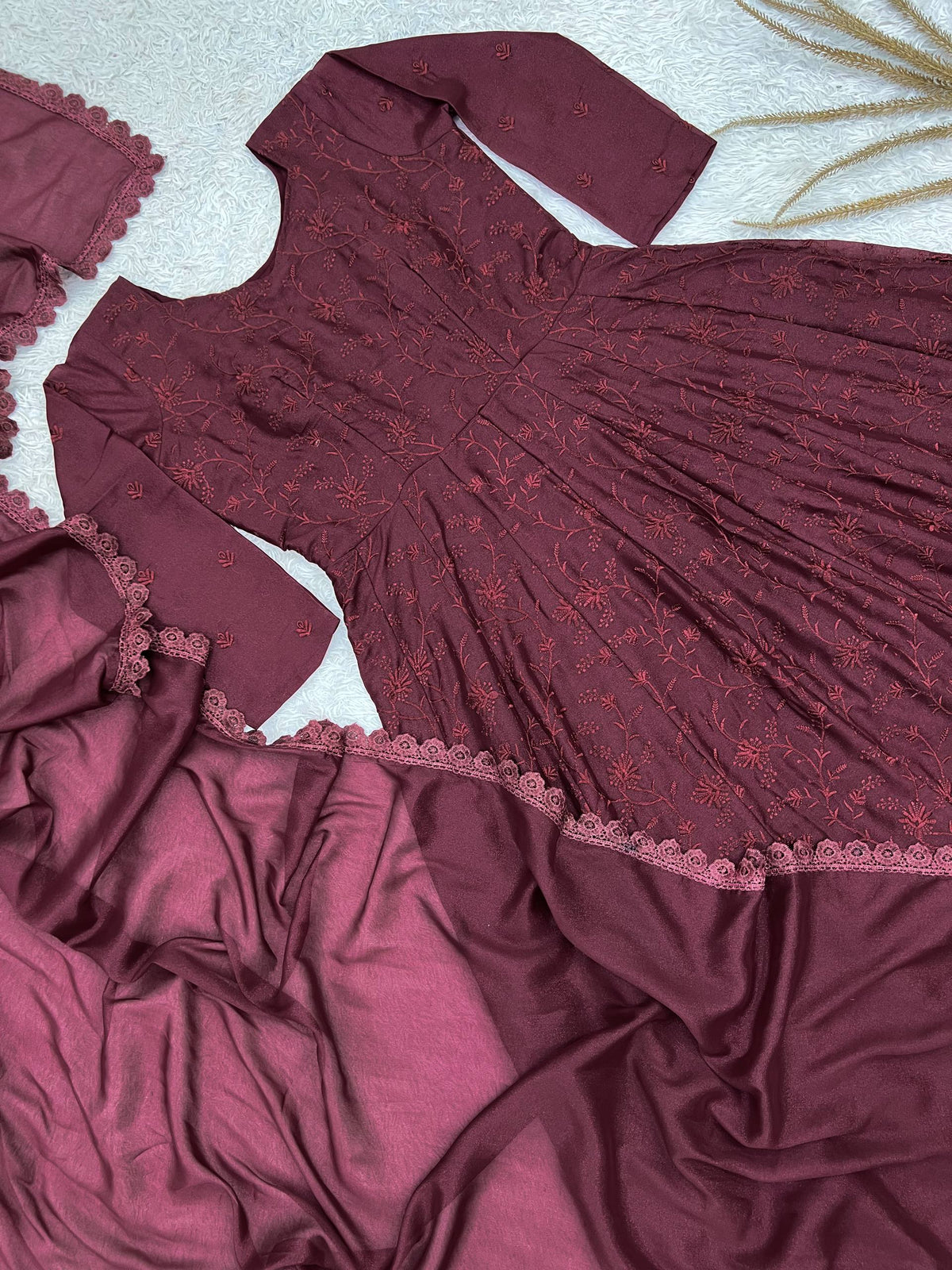 Royal Wine Floral Embroidered Anarkali Gown with Dupatta