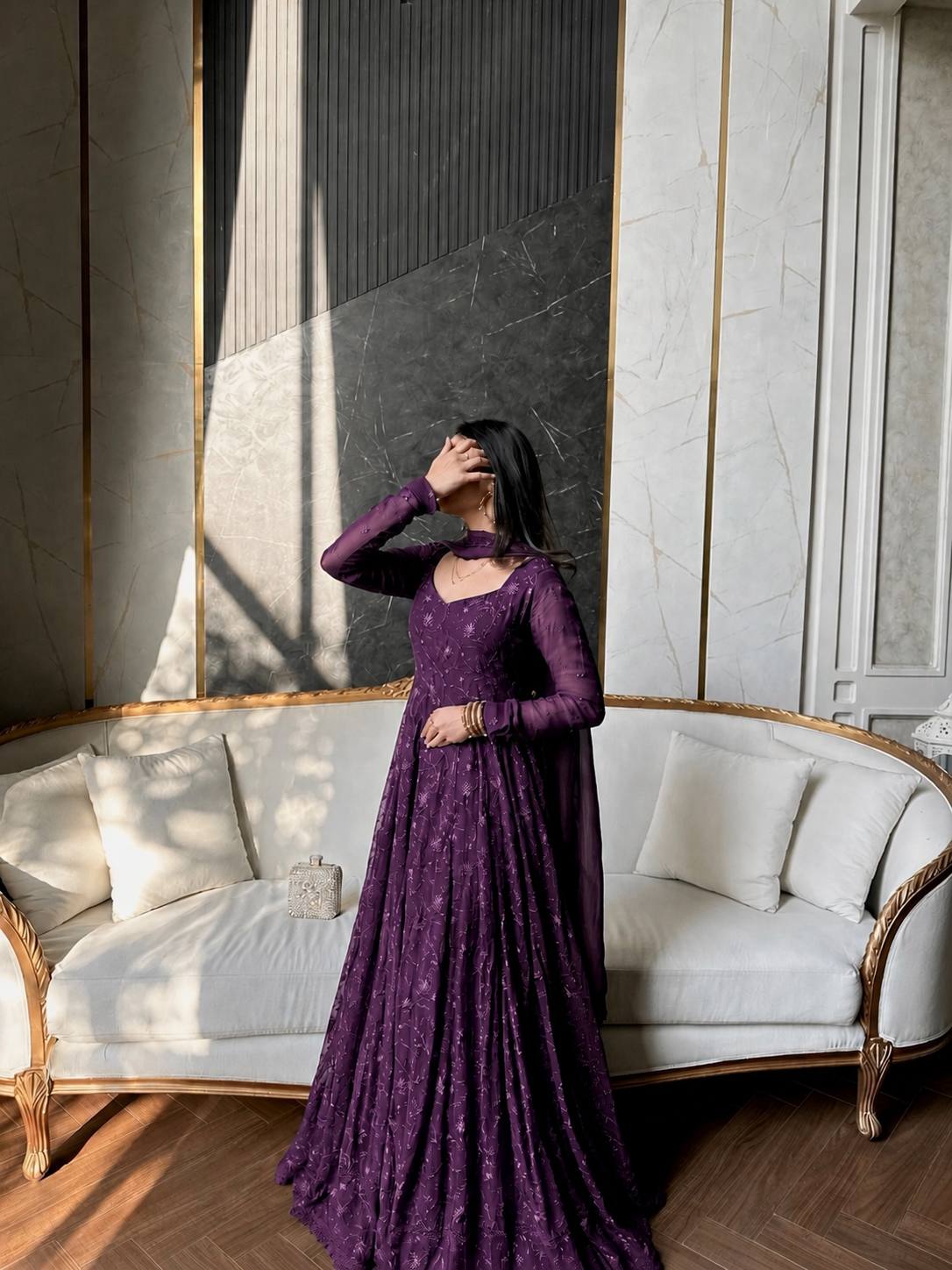 Enchanting Deep Purple Floral Embroidered Anarkali Gown set