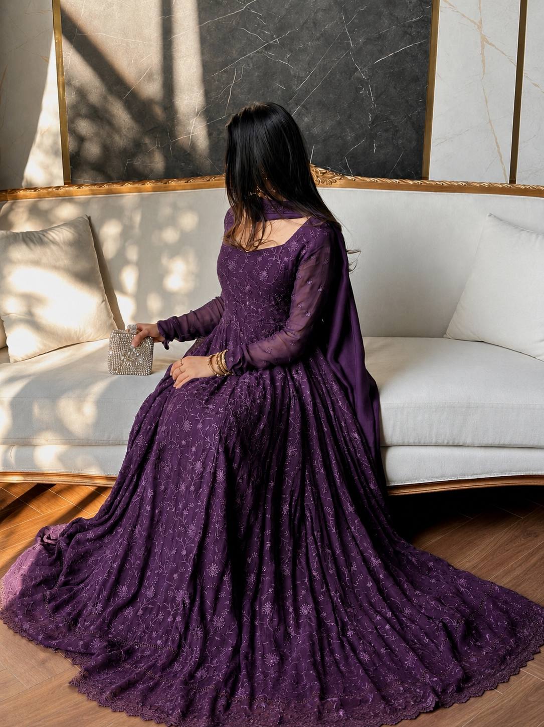 Enchanting Deep Purple Floral Embroidered Anarkali Gown set