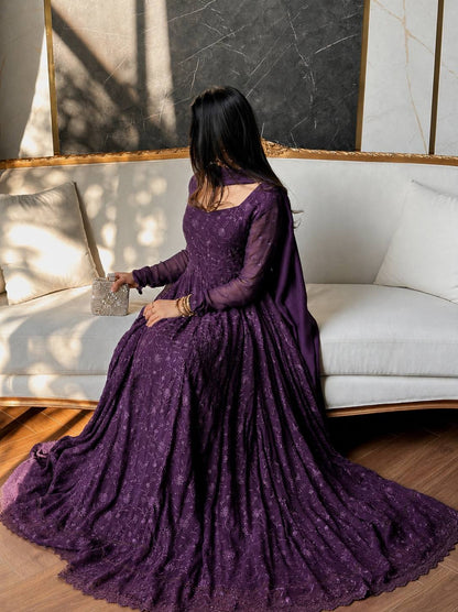 Enchanting Deep Purple Floral Embroidered Anarkali Gown set