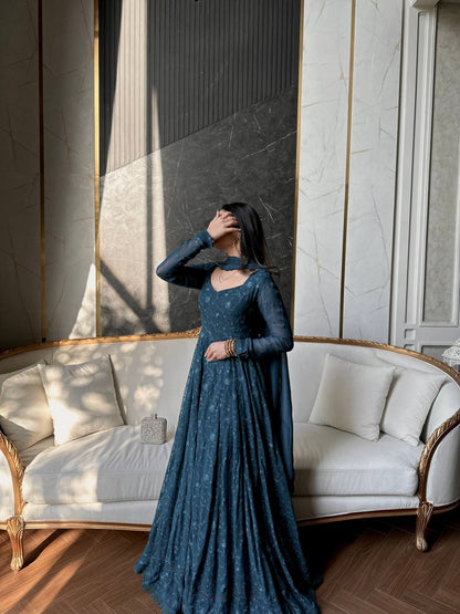 Serene Teal Blue Floral Embroidered Anarkali Gown with Dupatta