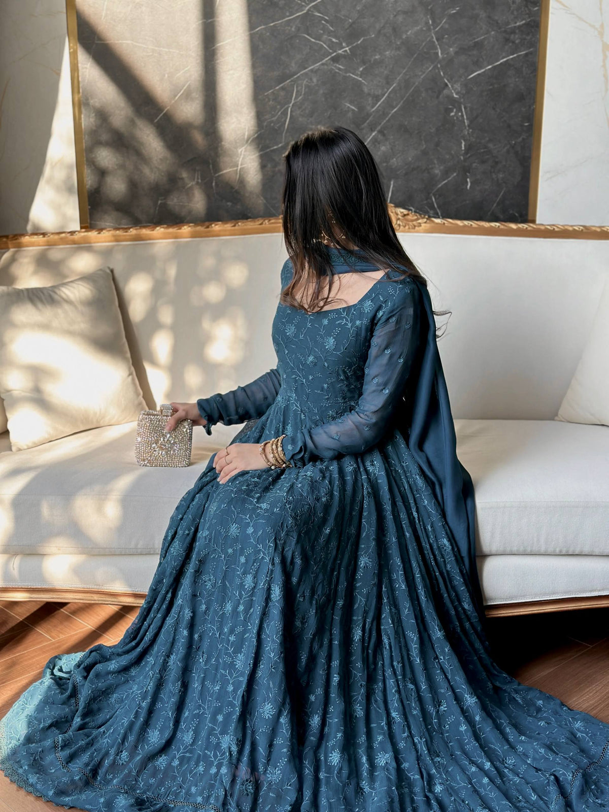Serene Teal Blue Floral Embroidered Anarkali Gown with Dupatta